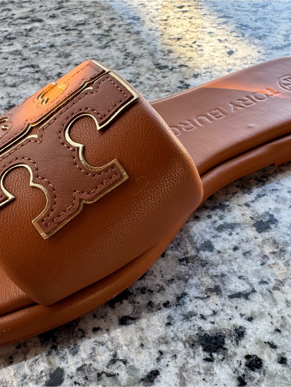 Tory Burch Cognac Leather Slide Sandals with Logo Accent - Picture 4 of 12